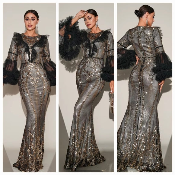 Silver Sequin Gown with V-Neck and Bishop Sleeves - Picture 1 of 15